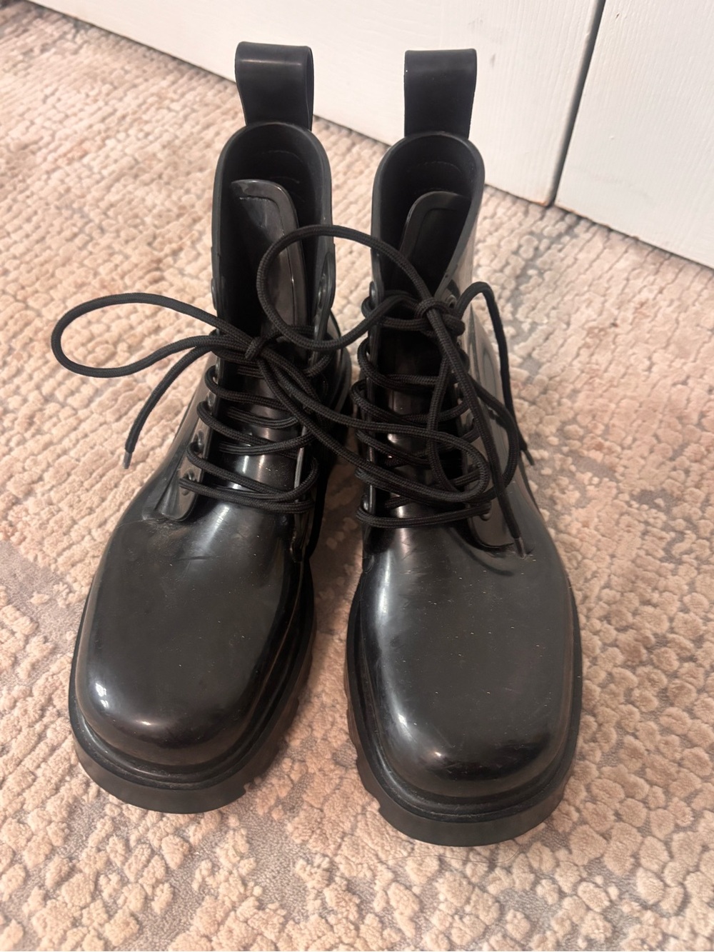 Bottega Veneta Glossy Black Lace-Up Women's Rain Boots size 8 NWT